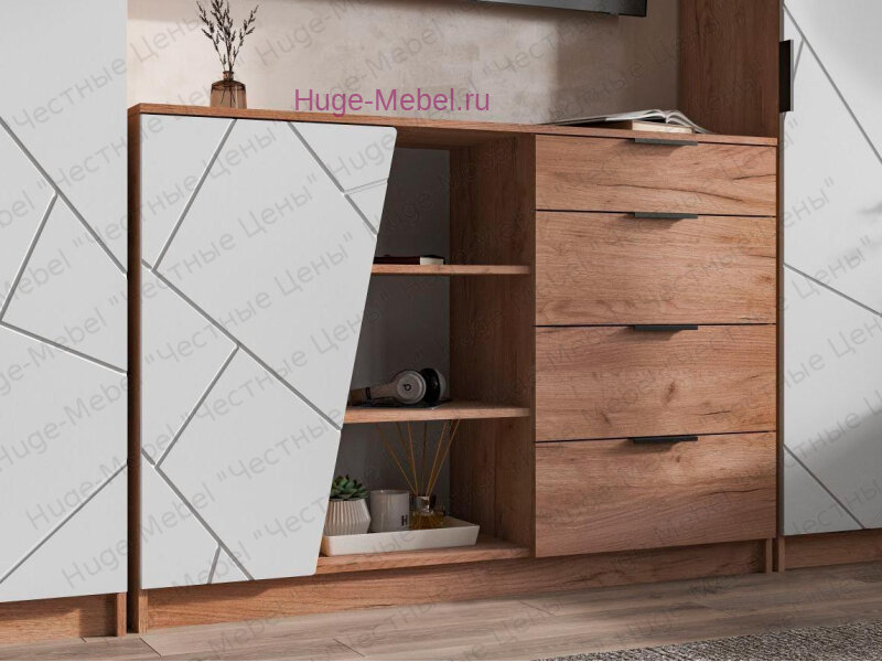 Комод 140 см "Орегон КМ 01" белый +дуб крафт Huge Mebel Комоды. Ширина 1400 Высота 956