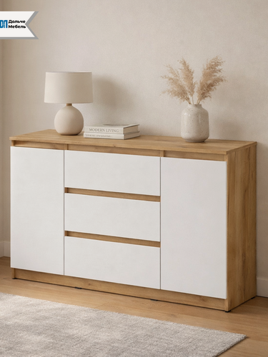 Изображение товара Комод для одежды Арника Денвер 120 см комбинированный с ящиками и дверьми цвет дуб золотой, белый