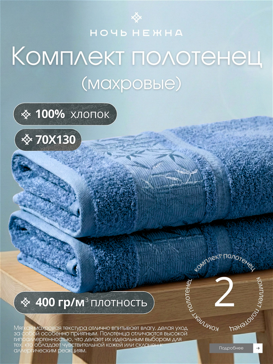 Полотенце банное набор Ночь Нежна "Decorative" 70х130 - 2 шт цвет синий, полотенце махровое