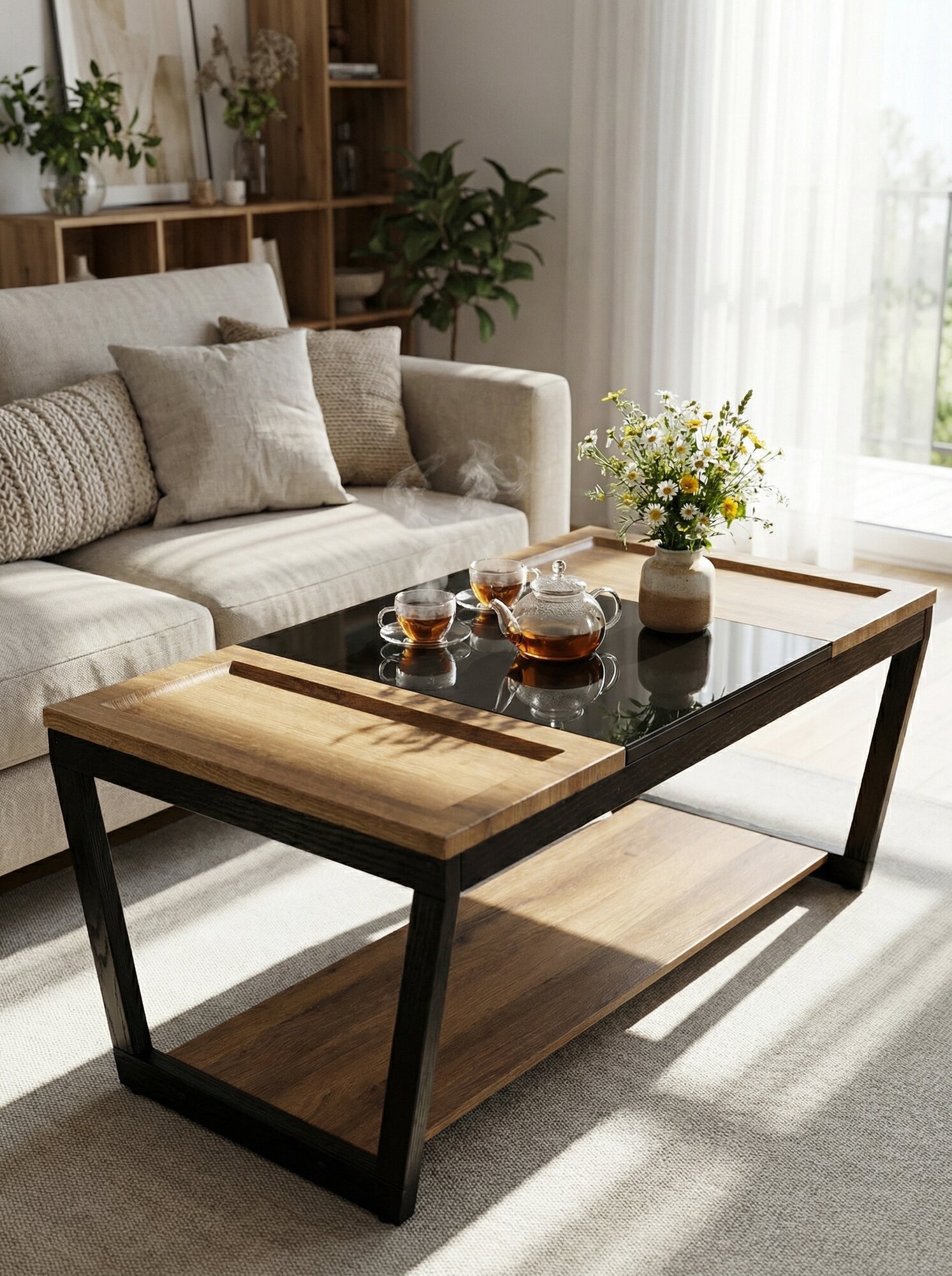 Стол журнальный Мебелик BeautyStyle 33 дуб вотан/черный/стекло черное