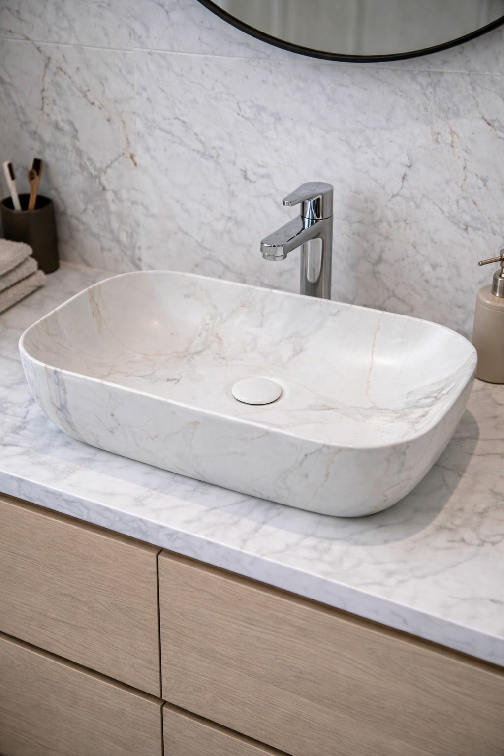 Раковина накладная для тумбы в ванную 61x40 Овал фарфоровая под белый мрамор Aurastone