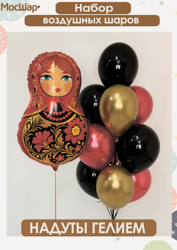 Изображение товара Фонтан набор воздушных шаров с гелием, фольгированный шар Матрешка, 11 шаров
