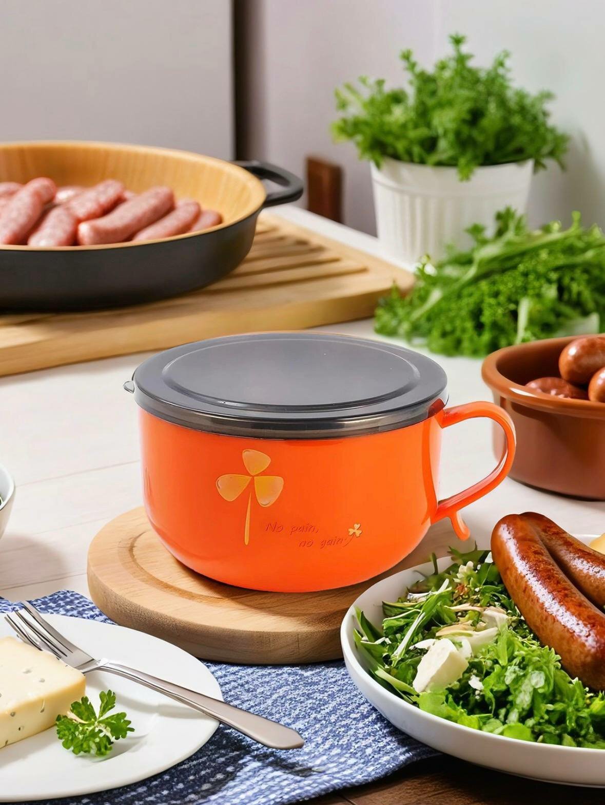 Термос-миска с ручкой, яркая, с плотной крышкой — удобна для ежедневного обеда