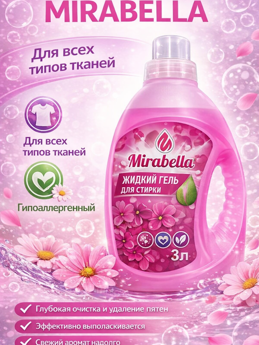 Жидкость для стирки MIRABELLA, 3 литра, гель для стирки, жидкость для стирки