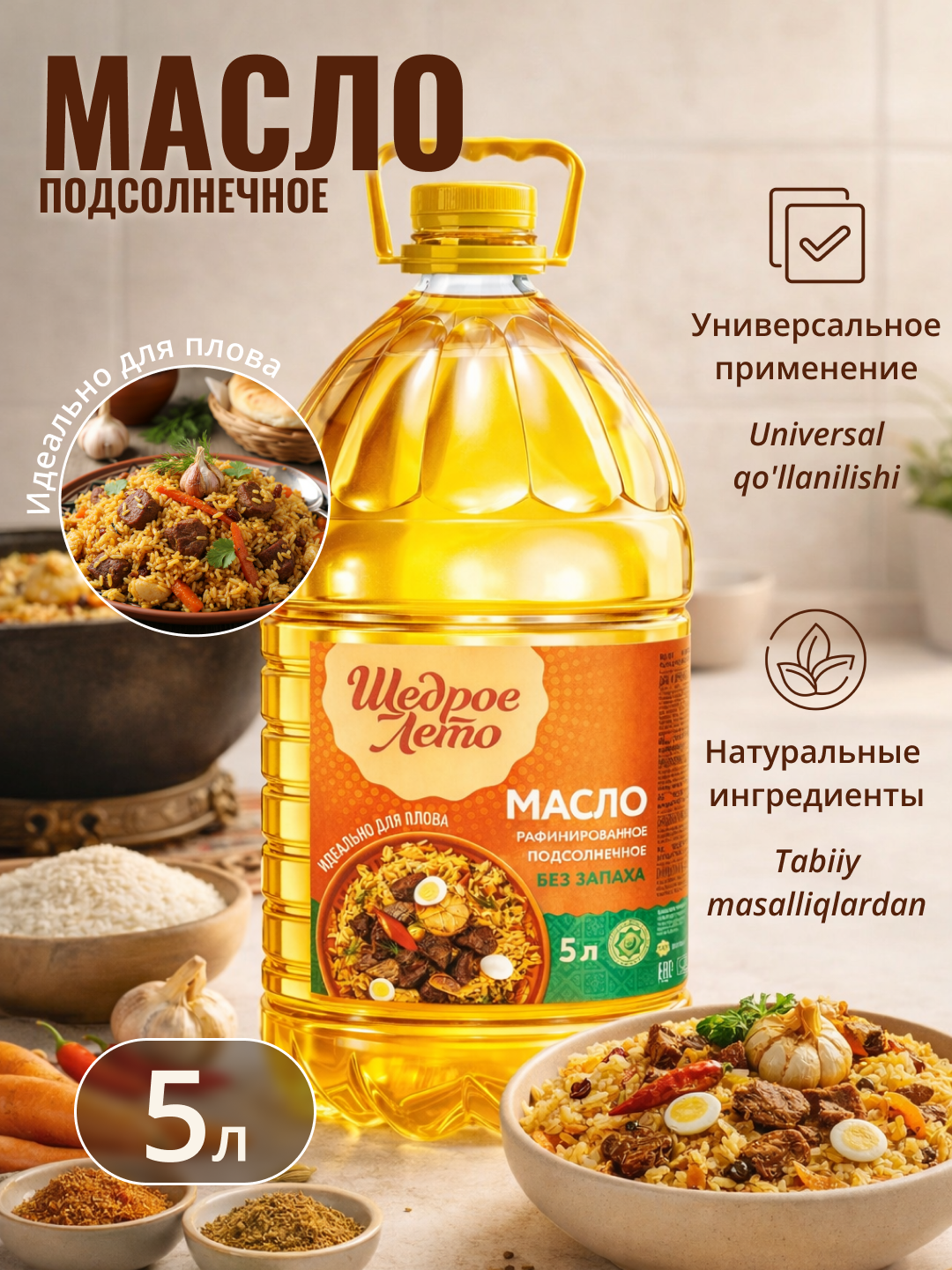 Щедрое лето масло подсолнечное рафинированное, прозрачное, светло-золотистое 5л