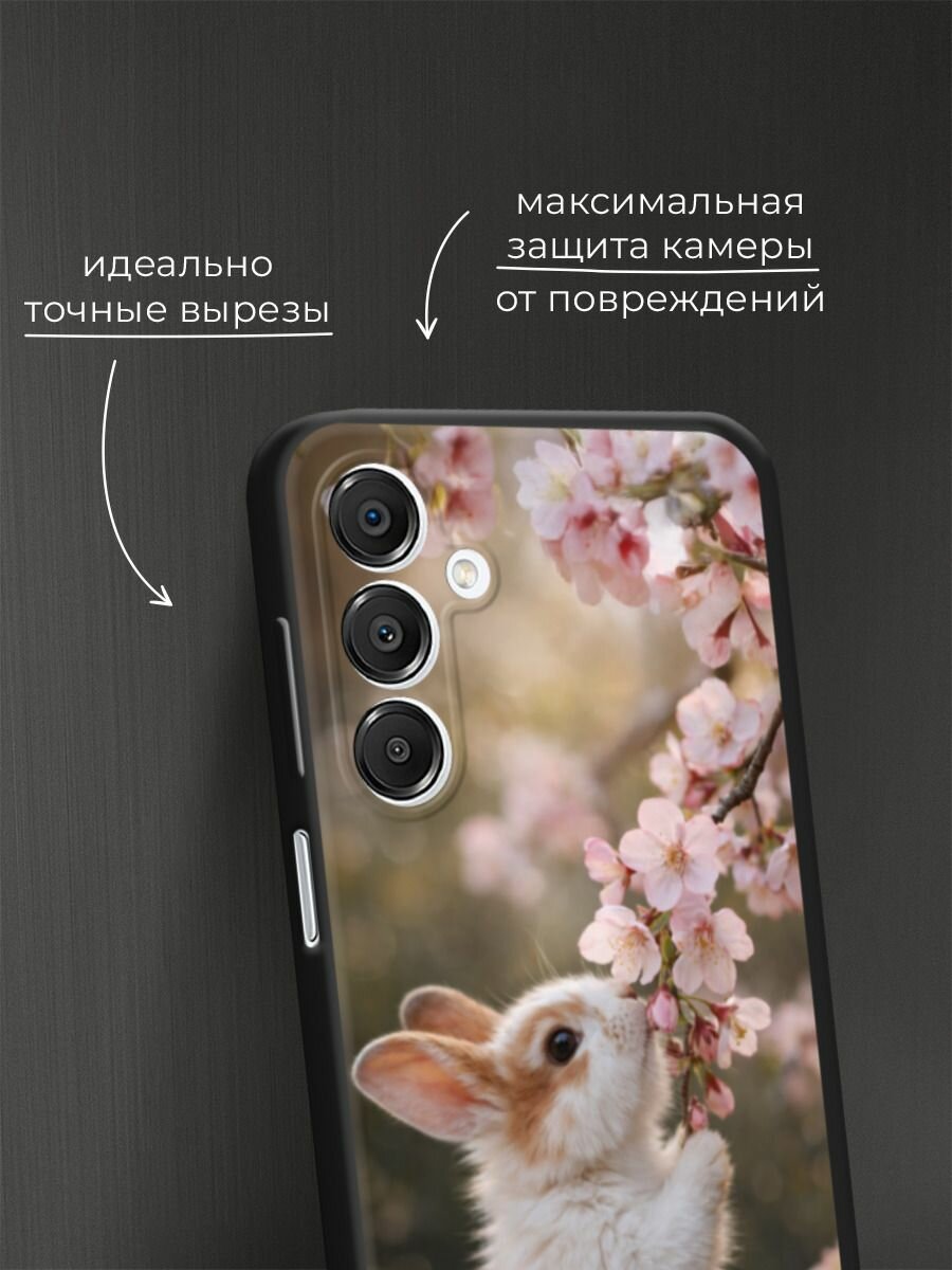 Черный матовый чехол на Samsung Galaxy A16 / Самсунг Галакси А16 с принтом Зайчик с сакурой — фото 1
