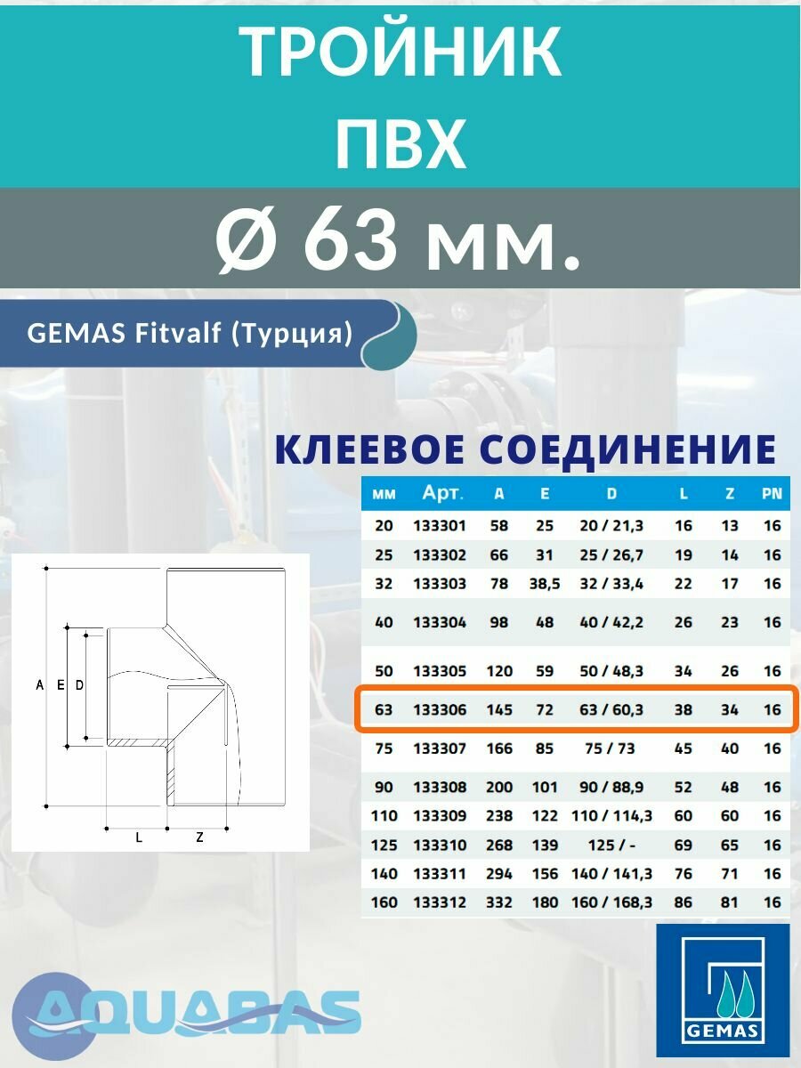 Тройник 90 ПВХ D63 Gemas, 2 шт, клеевое соединение — фото 1