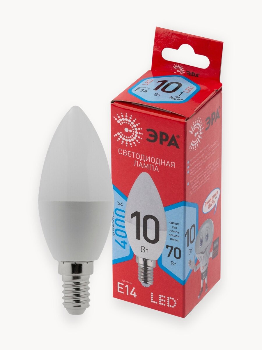 Лампочка светодиодная ЭРА LED Е14 B35 10Вт свеча 4000К нейтральный белый свет, 1 шт