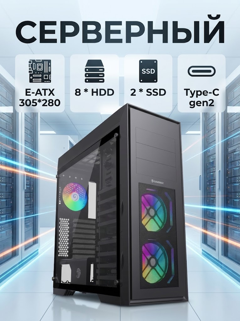 Корпус для ПК GAMEMAX Master 2 Full Tower, E-ATX, закаленное стекло, 2*USB2.0 2*USB3.0 1*USB Type-C, контроллер
