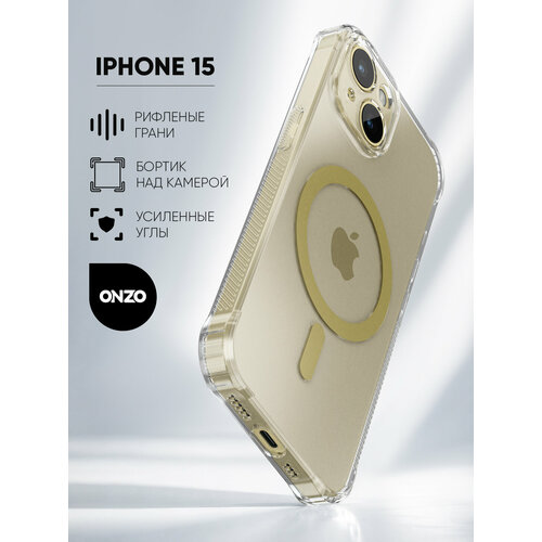 фото Противоударный чехол мэгсэйф на iphone 15 / айфон 15 с функцией магсейф, прозрачный с ребристыми гранями, желтый onzo