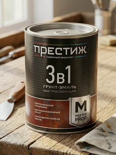 Изображение товара Грунт-эмаль Престиж, Мастер, по ржавчине, быстросохнущая, смоляная, черная, 0.9 кг