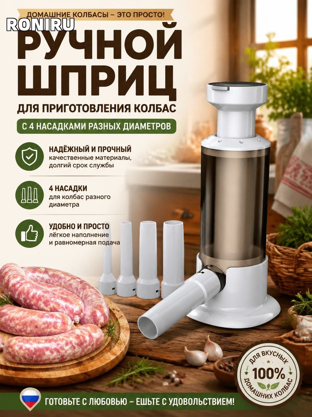 Ручной шприц для колбас с 4 трубками разных диаметров — удобный набор для домашнего приготовления колбас для кухни