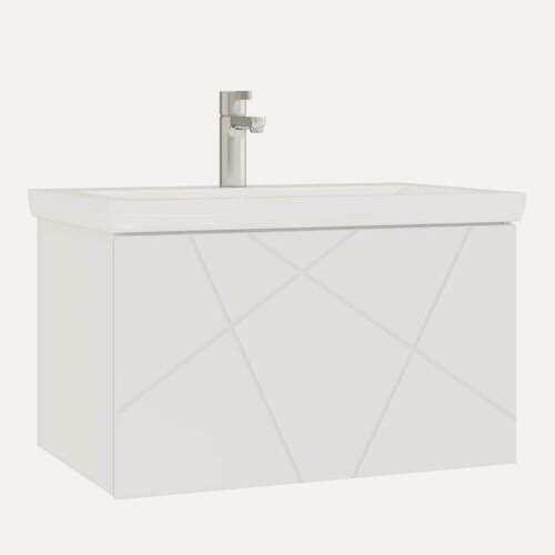 Изображение товара Тумба с раковиной Vigo Geometry 60 подвесная, 60 см, белая, глянцевая, с ящиками, раковина для ванной, фарфоровая, прямоугольная, встроенный слив-перелив