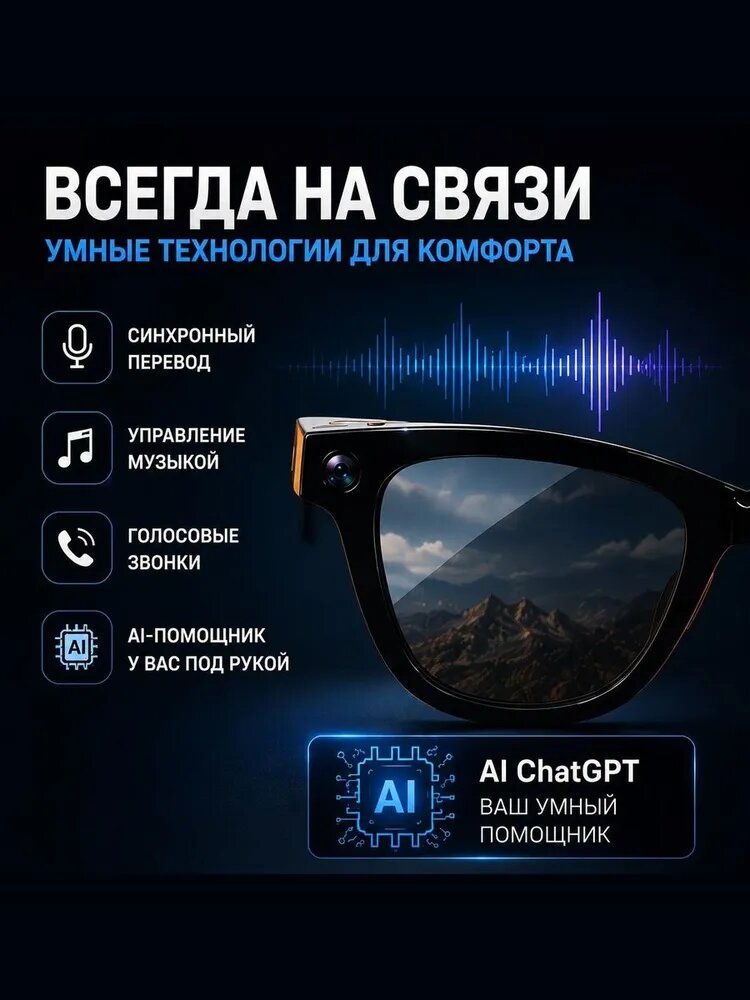Очки с камерой микрофоном и зарядным кейсом умные смарт 13Мп 1440p AI мужские женские — фото 1