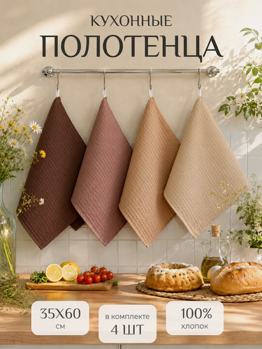 Изображение товара Кухонные полотенца набор 4 шт 35х60 см Павлина, вафельные, 100% хлопок, кофейный