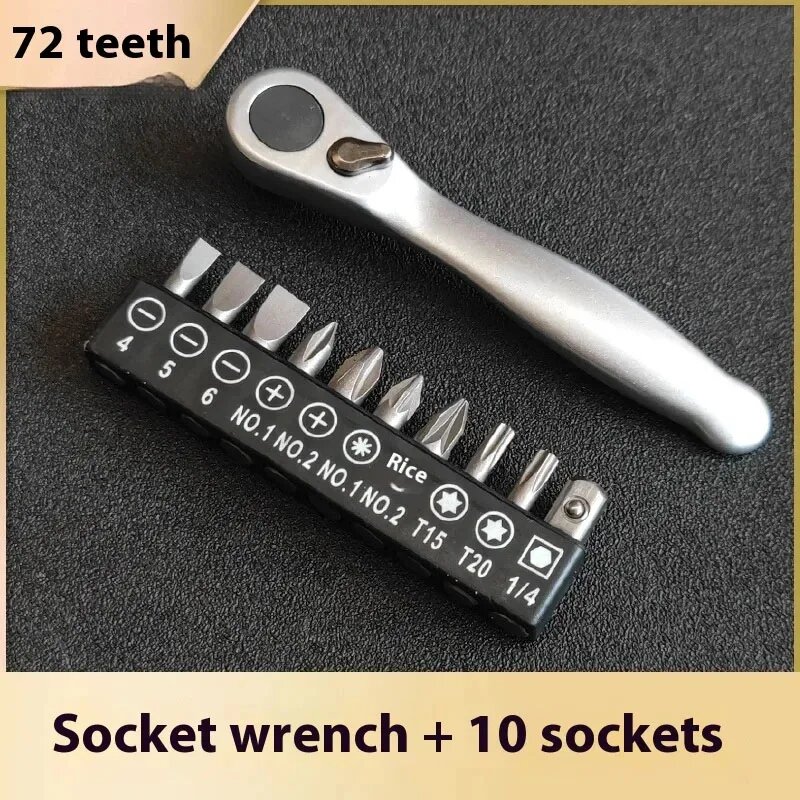 Мини-трещотка 1/4" с 10 насадками, 72 зуба, Color: B