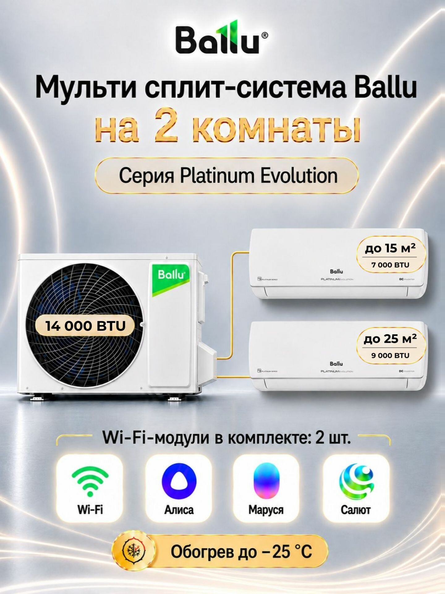 Мульти сплит система инвертор кондиционер на 2 комнаты 15+25 кв. м Ballu Platinum Evolution BSUI-FM/in-07HN8/EU 09HN8/EU BA2OI-FM/out-14HN8/EU, комплект с Wi-Fi-модулями HOMMYN, белого цвета