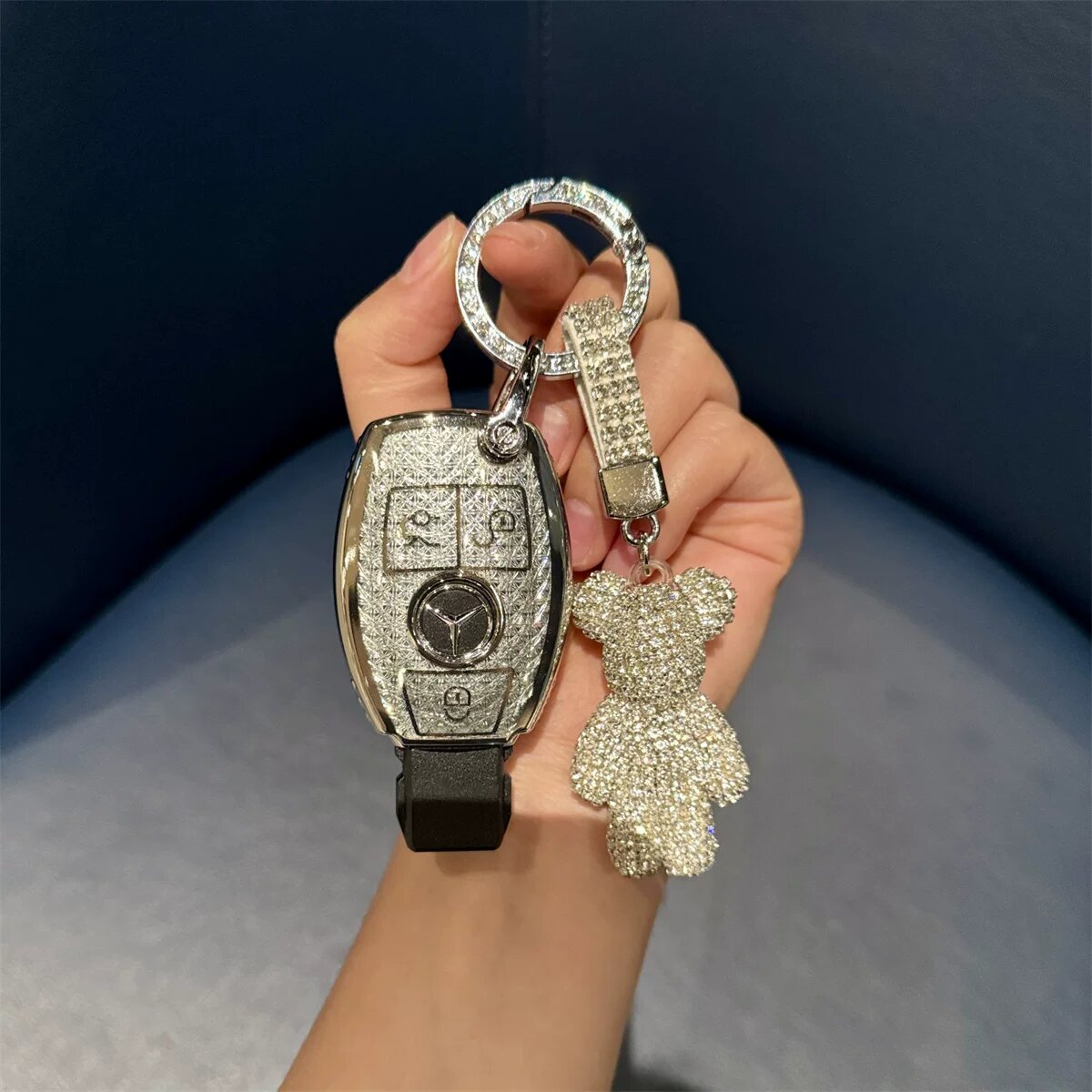 B Style Full Diamond Белый чехол для ключа с серебряным диамантовым кольцом и белой диамантовой медвежонком для