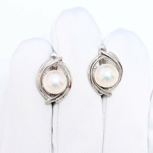фото Серьги diamant online, серебро, 925 проба, родирование, жемчуг, длина 1.6 см, , белый