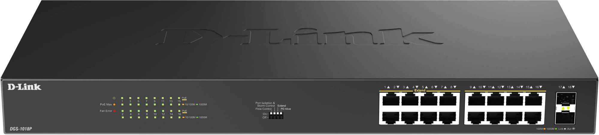 Коммутатор DGS-1018P DGS-1018P/B1A (L2) 16x1Гбит/с 2SFP