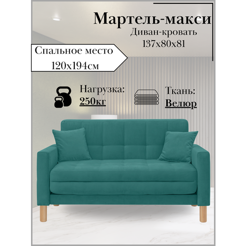 фото Диван-кровать мартель-макси, прямой, 137х80х81, спальное 120х194, велюр лазурный, велутто 20 storystyle