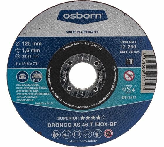 Диск отрезной по нержавейке Superior AS46T INOX (125x1.6x22.23 мм) DRONCO
