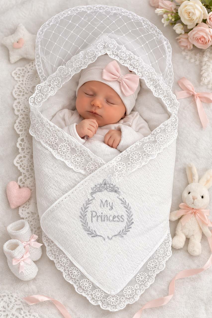 Конверт-одеяло на выписку для новорождённой «My Princess» с кружевом и сеточкой