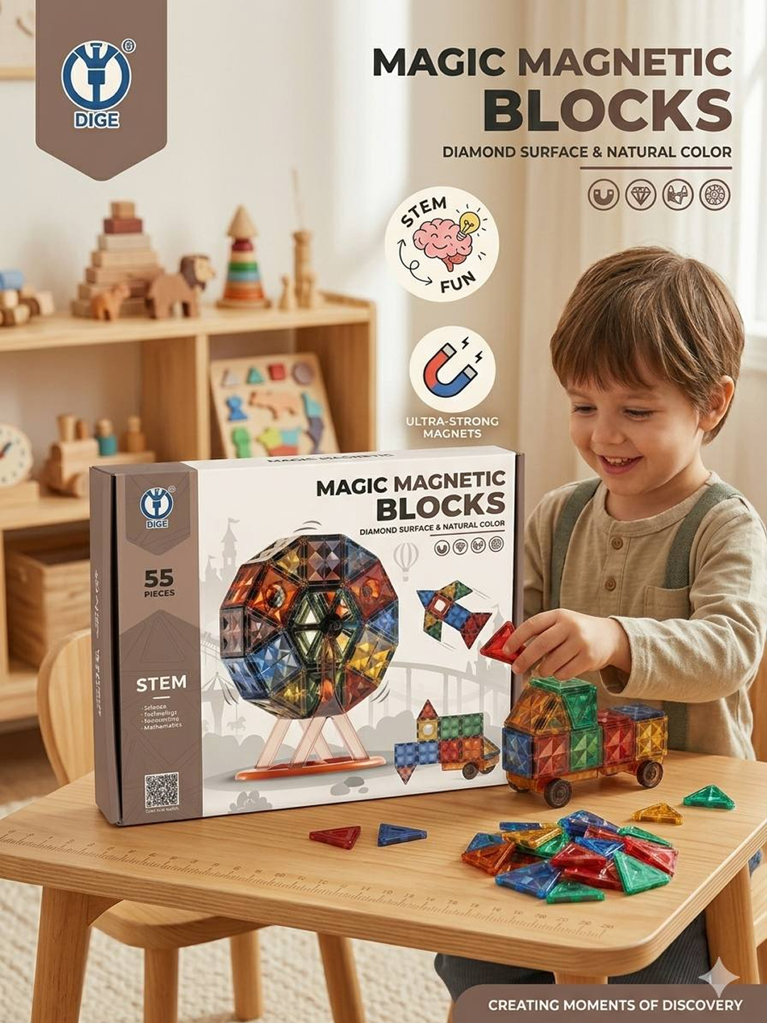 Магнитный конструктор DIGE «Магические блоки», STEM-игрушка для развития, 55 деталей