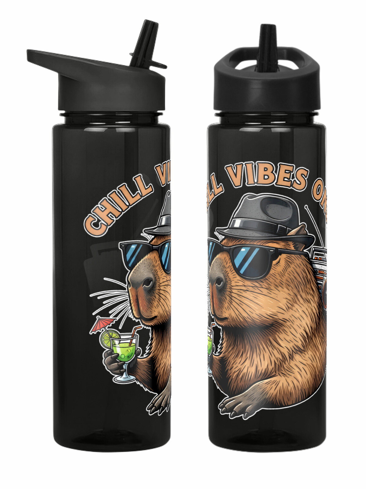 Бутылка черная для воды с принтом Капибара с коктейлем в очках