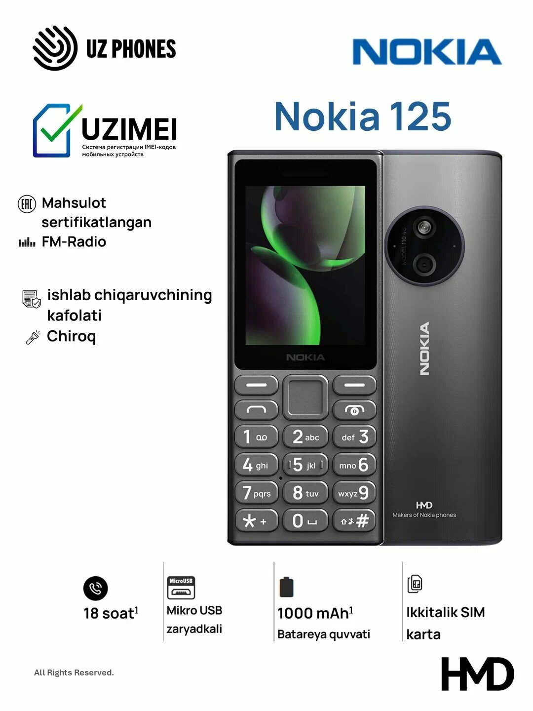 Кнопочный телефон NOKIA 125 TA-1655 DS, 1 год гарантия, 1000 mAh IP54 & USB -Type B, черный