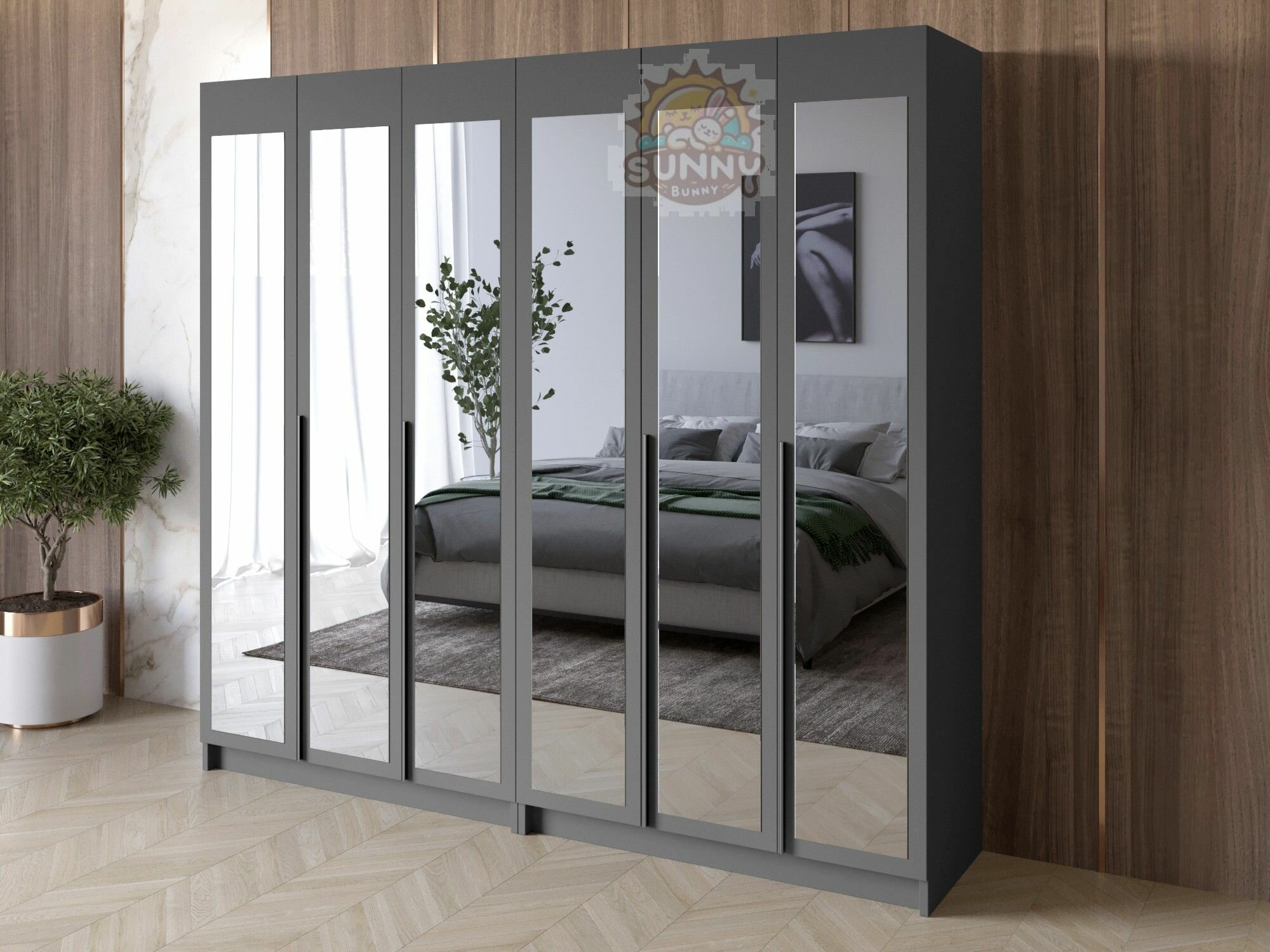 Шкаф распашной Клевер 45 с зеркалом 6, 6-ти дверный, модульный, (Графит), 221.6х240.2х50.6 см.