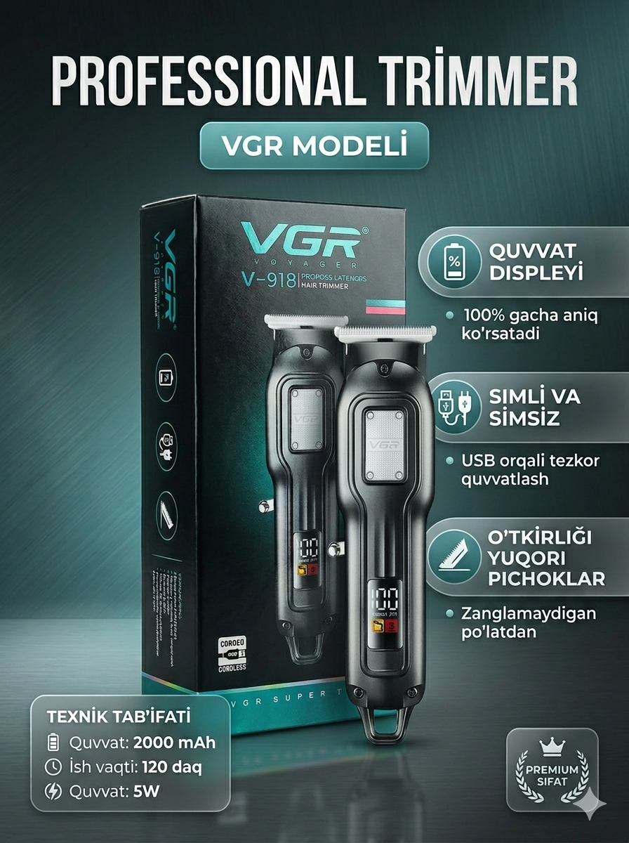 Триммер VGR V-918, для стрижки волос, бороды и тела, нержавеющая сталь