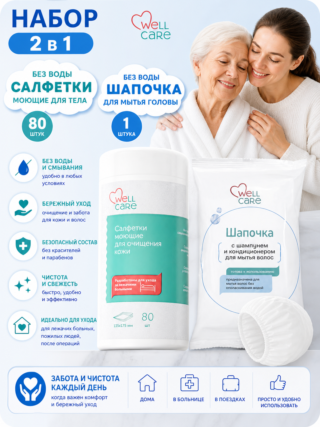 Комплект Салфетки моющие № 80 "WELLCARE" + Шапочка с шампунем и кондиционером "WELLCARE"