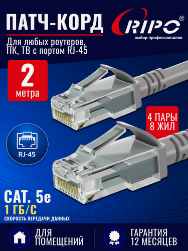 Изображение товара Патч-корд, интернет кабель UTP Cat.5E RJ45, ССА, серый, 2 м