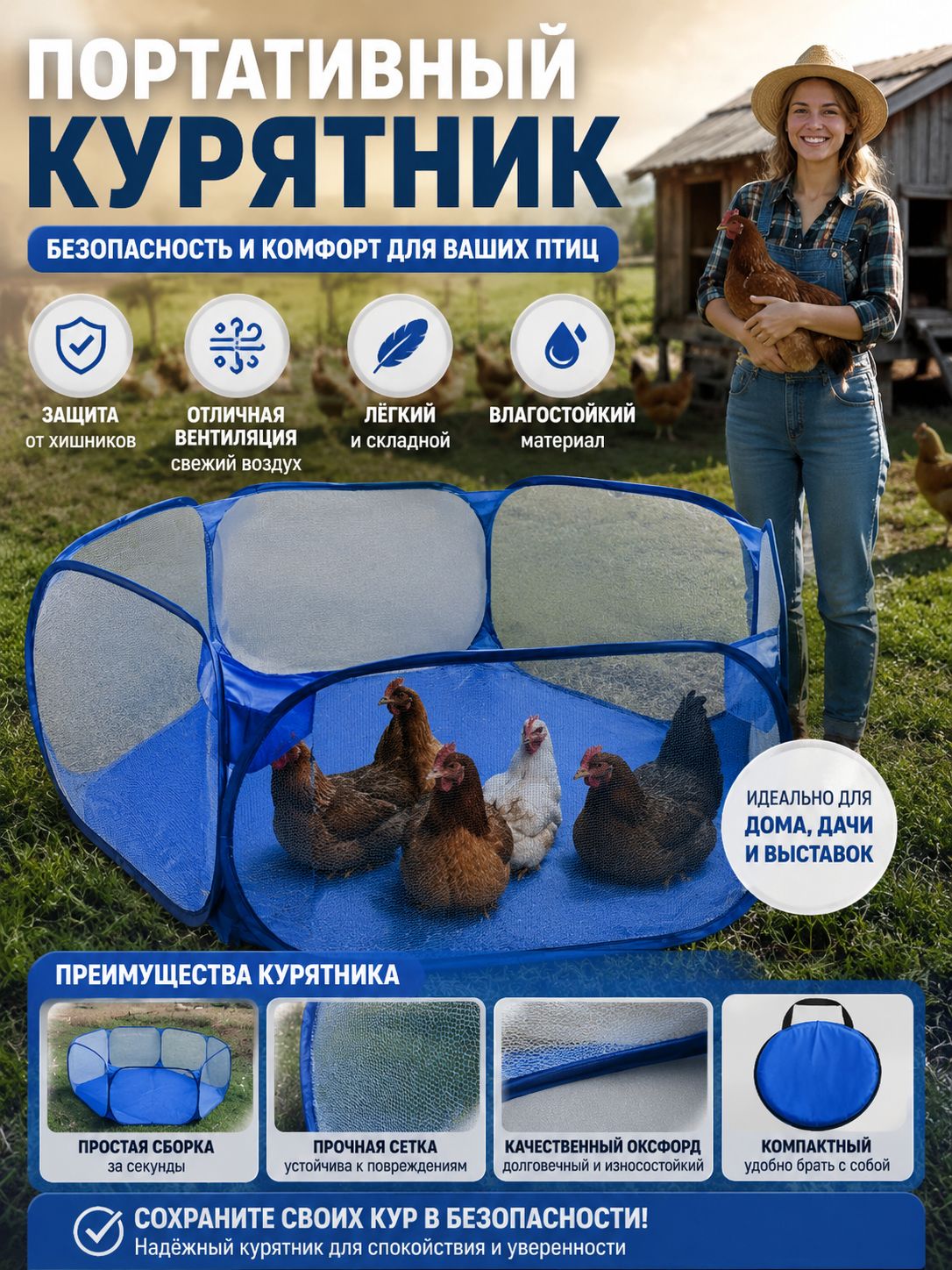 Эксклюзивный переносной курятник с сеткой и клеткой из прочной оксфордской ткани в синий , Можно сложить , дышащая портативна, размер 120*58 см ,1 шт