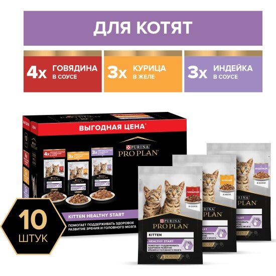 Корм для котят Pro Plan Мультипак Kitten с говядиной в соусе, с индейкой в соусе и вкусные кусочки с курицей в желе 10шт.*85г