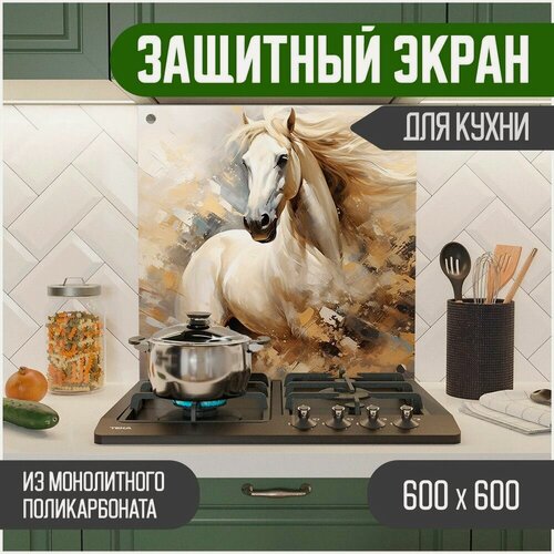 Изображение товара Фартук для кухни, защитный экран из акрилового стекла (поликарбонат) на кухонный фартук в зону мойки и плиты с фотопечатью. Панель на стену с рисунком Лошадь 600 х 600 х 3 мм, 600-042