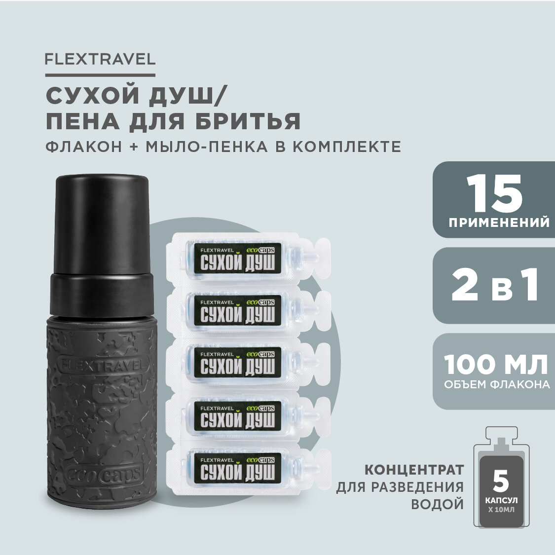 Сухой душ походный FlexTravel комплект для личной гигиены средство для мытья и ухода за телом флакон + 5 капсул