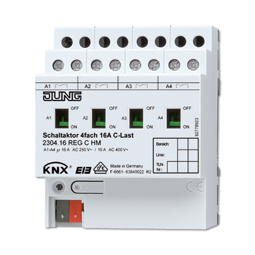 JUNG KNX Актор 4-х канальный 220V AC 12-24V DC 16 A возм ручн упр DIN-рейка 2304.16REGCHM