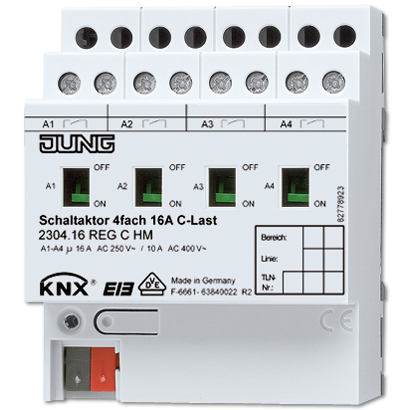 JUNG KNX Актор 4-х канальный 220V AC 12-24V DC 16 A возм ручн упр DIN-рейка 2304.16REGCHM