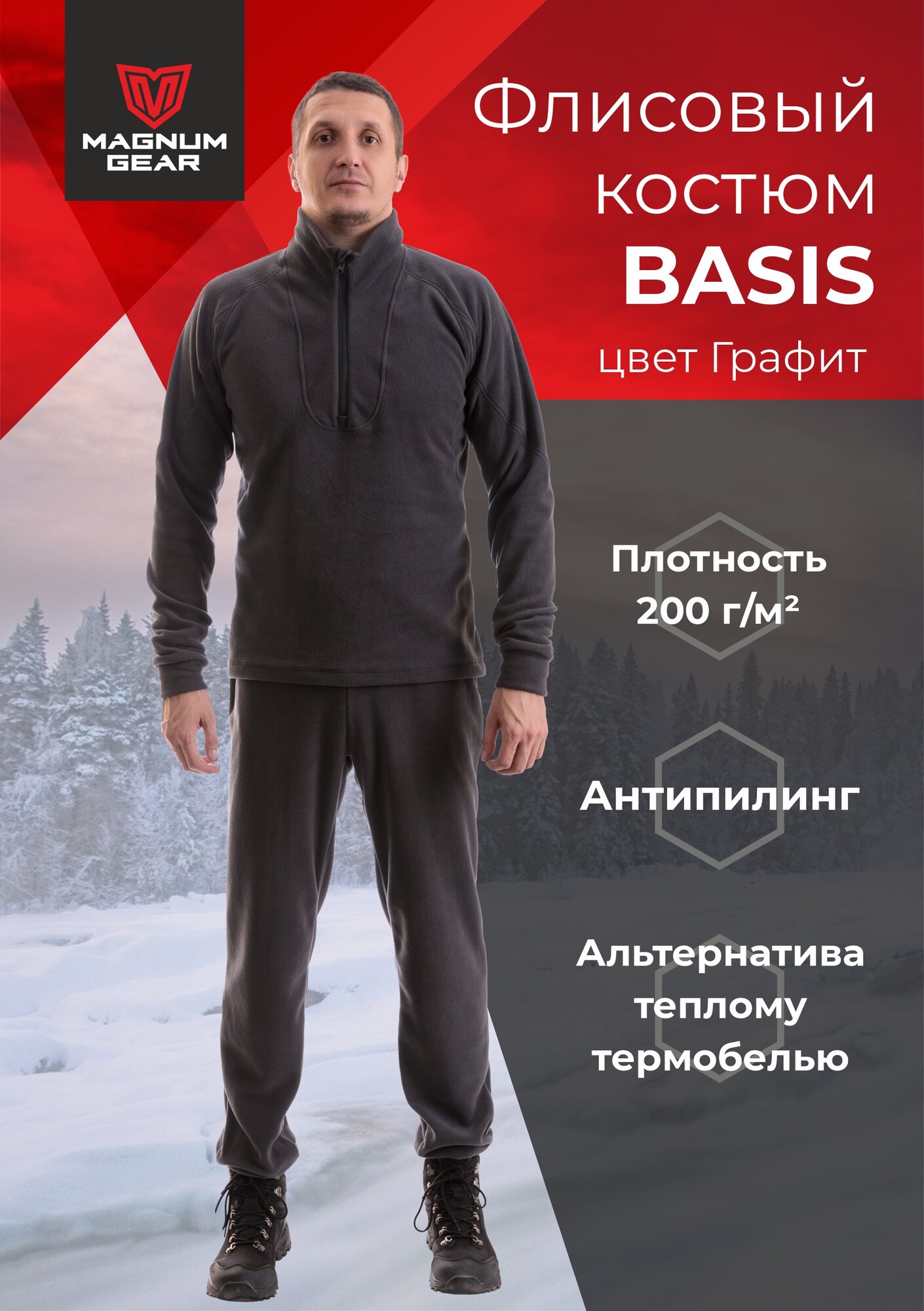 Костюм флисовый BASIS мужской для охоты и рыбалки теплый на молнии