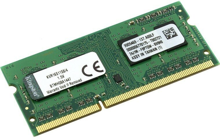 Память SODIMM DDR3 PC3-12800 Kingston KVR16S11S8/4WP, 4Гб, 1.5 В