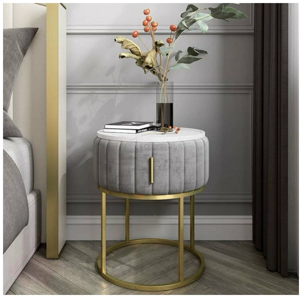 фото Круглая прикроватная тумбочка со столешницей из искусственного мрамора