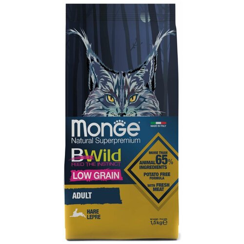 Сухой корм Monge Cat BWild LOW Hare для взрослых кошек, низкозерновой, из мяса зайца 1,5 кг