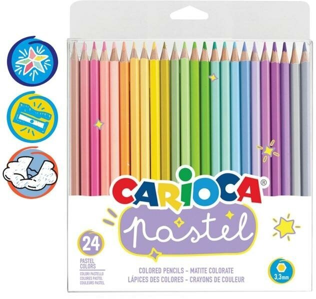 CARIOCA Карандаши 24 цвета Carioca Pastel, пастельная палитра, 3.3 мм, шестигранные, деревянные, блистер, европодвес