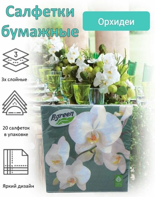 BULGAREE Green Салфетки бумажные 3сл 20шт 33*33см Орхидеи