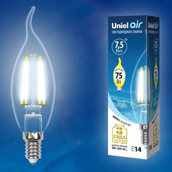 Светодиодная лампа Uniel LED-CW35-7,5W/NW/E14/CL GLA01TR Форма "свеча на ветру", прозрачная. Серия Air. Белый свет (4000K). Картон. ТМ
