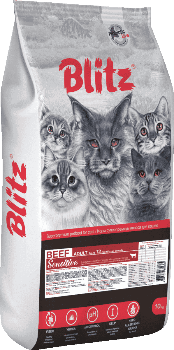 Blitz Sensitive Adult Cat Сухой корм для кошек с нежным желудком и склонностью к аллергии, Говядина 10кг