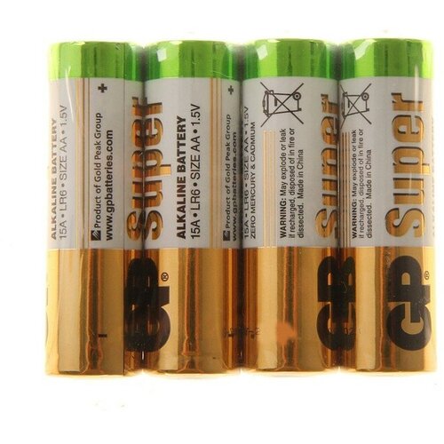 Батарейка алкалиновая GP Super, AA, LR6-4S, 1.5В, спайка, 4 шт. батарейка алкалиновая xiaomi zmi rainbow zi5 aa lr6 спайка 4 шт желтые 1 шт