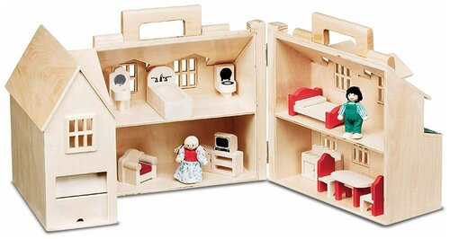 Деревянный кукольный домик Melissa & Doug Fold & Go с 2 игровыми фигурками и 11 предметами мебели